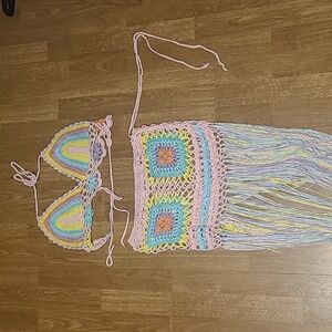Crochet rainbow triangle bikini top and cover up